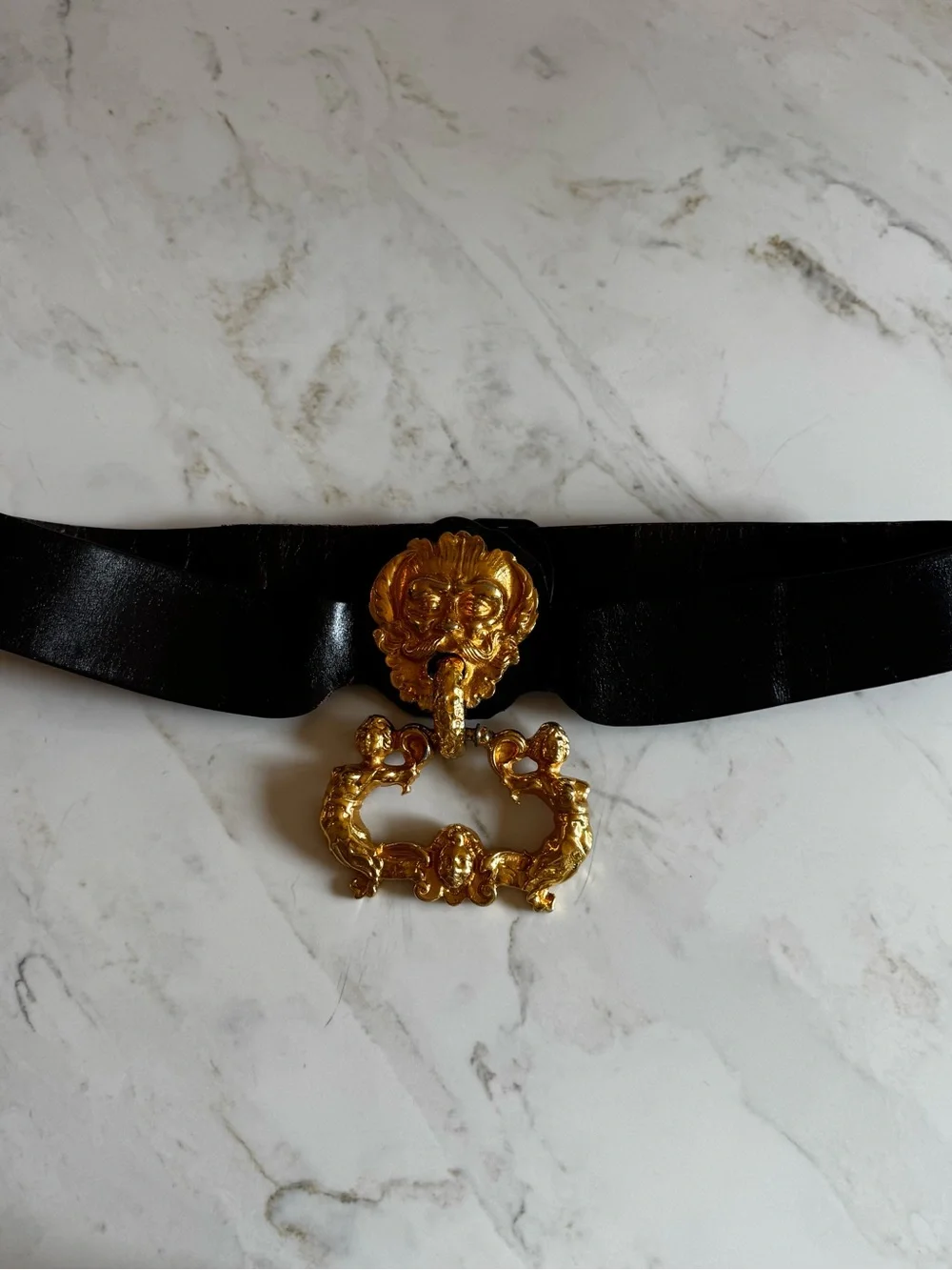 Vintage Judith Leiber Black Leather Belt with Ornate Gold Lion Buckle